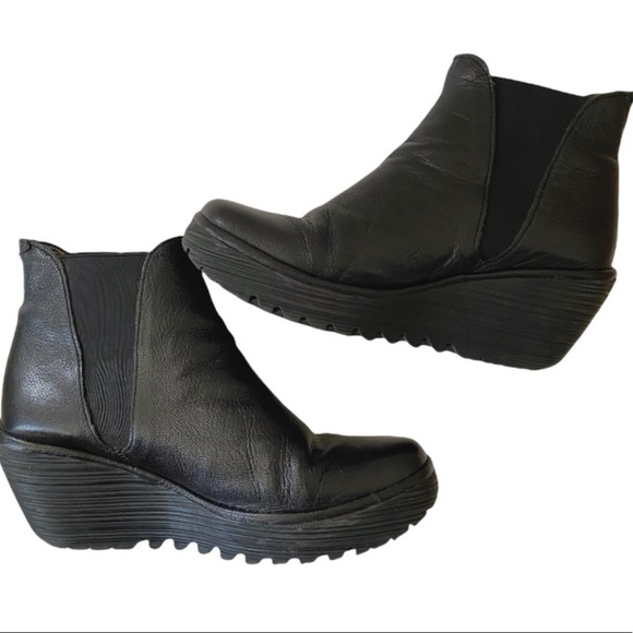 Fly London Yoss Leather Chelsea Ankle Wedge Boots - Picture 1 of 10